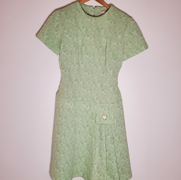 Mossy Mod Light Green Brocade Short-Sleeve Mini Dress with Pleats & Pocket - Picture 4 of 14